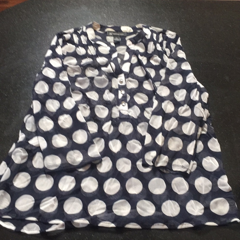 Three quarter sleeve Navy Polka Dot sheer shirt